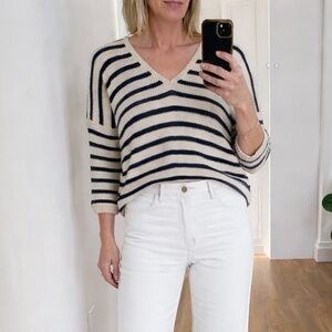 Vince Linen Striped Sweater Navy Cream V-Neck Lightweight, XS
